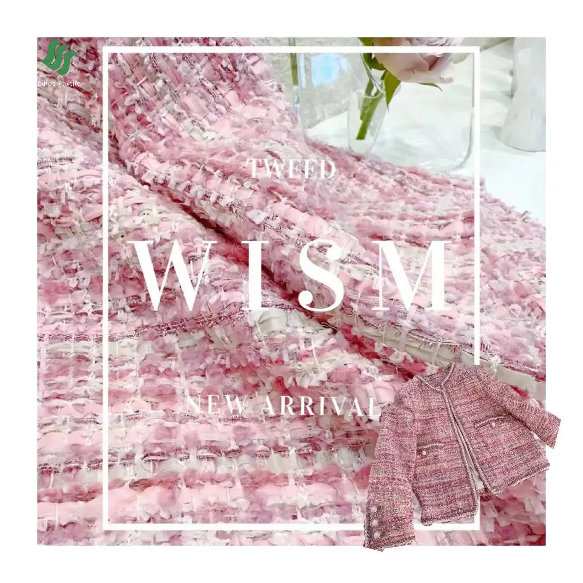 New arrival Mohair Fancy Tweed Dress Jacket Plaid Pink Tweed Fabric For Women Clothes