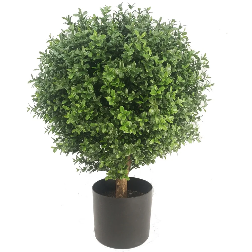 artificial boxwood single ball topiary in wood truck with black plastic pot uv protected outdoor and indoor plant