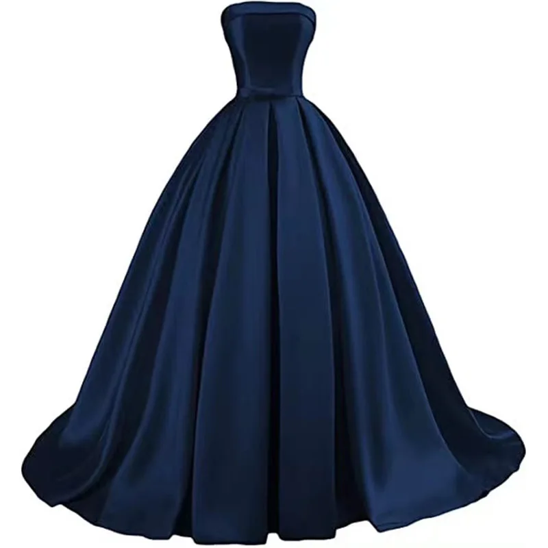 9417 Women Off Shoulder Boat Neck Satin Navy Blue Evening Dress Elegant Pleated Tail Ball Gown