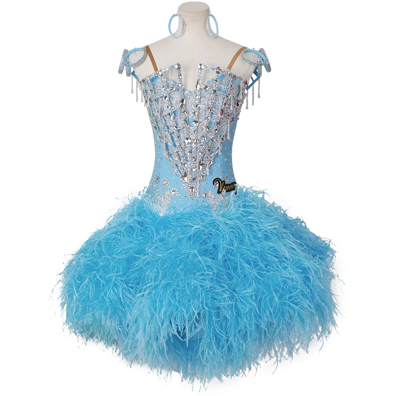 Vennystyle Customized Diamond Feather Rumba Competition Dress New Latin Dance Flower Dress National Standard Uniform Stage Wear