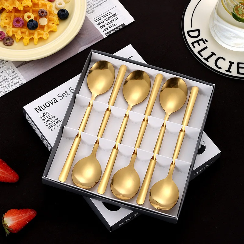 Stainless Steel Korean Style Small round Spoon Coffee Milk Tea Stir Small Spoon Ice Cream Dessert Spoon Long Handle Golden
