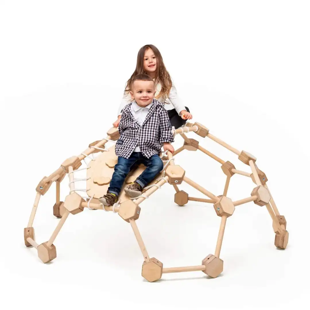Montessori Wooden Climbing dome Frame Slide Set Natural Wood Indoor Playground with Ladder Wall for Bedroom  Application