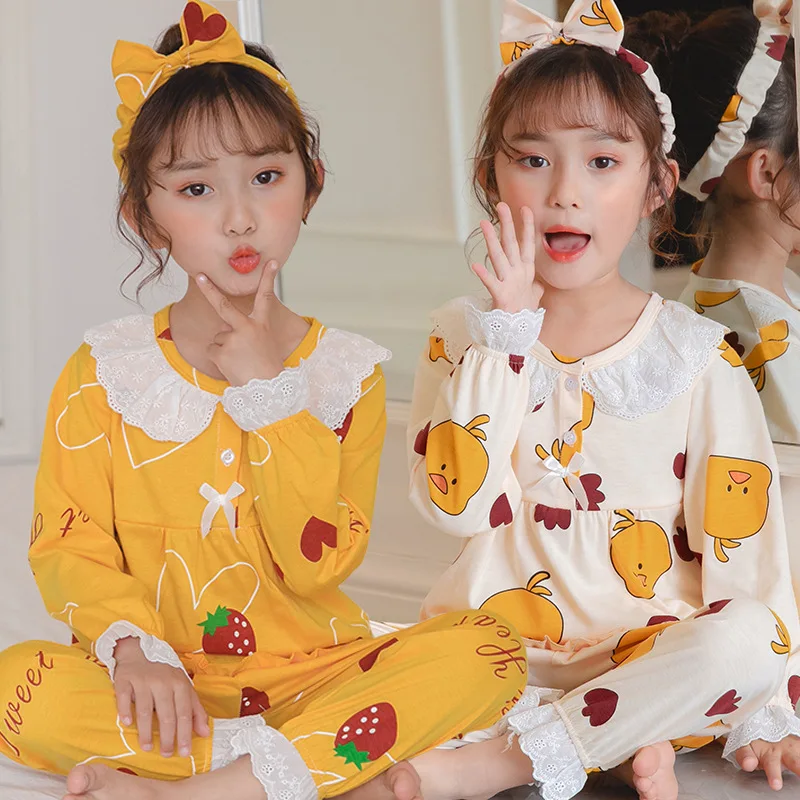 Новый детский хлопковый костюм для дома, Детская кружевная пижама из двух частей с длинными рукавами и лацканами для больших мальчиков и девочек