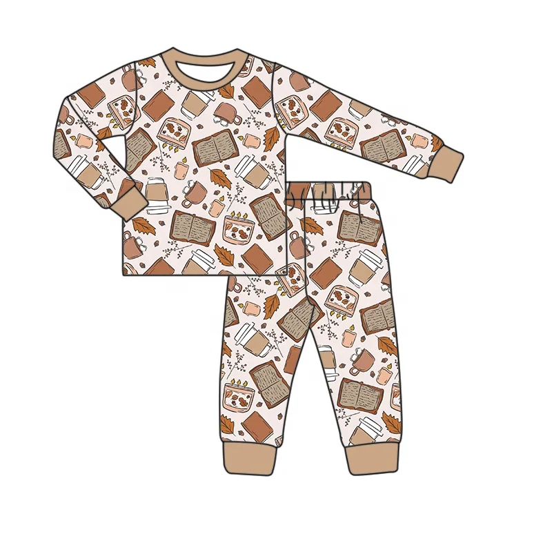 Cute baby outfit children bamboo fiber hazelnut pumpkin print pajama set baby round neck long sleeved two piece set