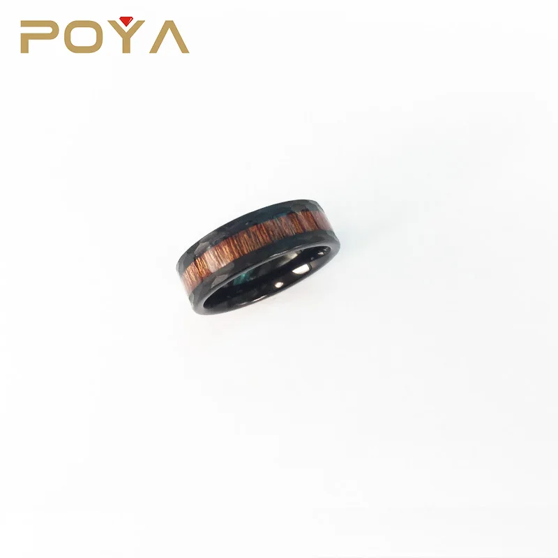POYA 8mm Black Titanium Ring Hammer Wood Inlay Comfort Fit