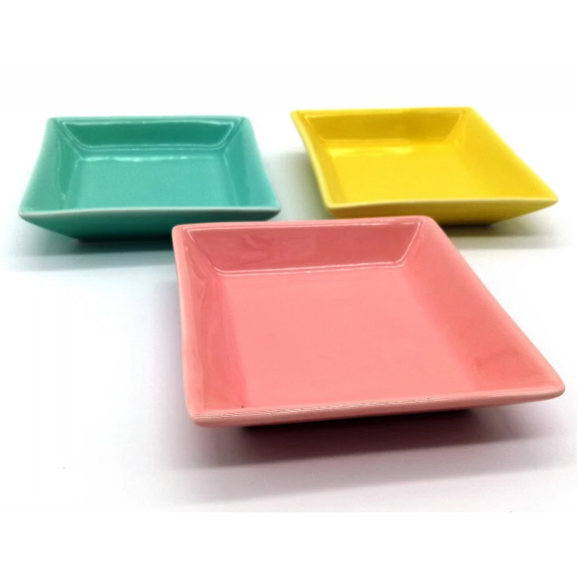 hot sale custom logo printed ceramic ring trinket dish Colorful Square jewelry tray with golden edge