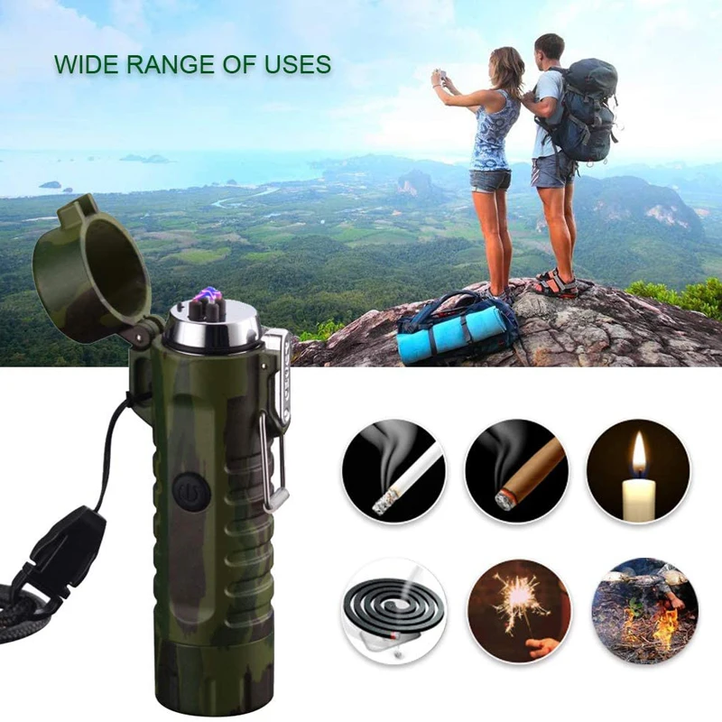 Портативный уличный светодиодный фонарик, электрическая зажигалка с двойной дугой, водонепроницаемая плазменная перезаряжаемая с USB, ветрозащитное оборудование для кемпинга и выживания