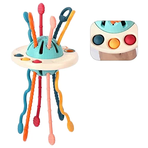 Montessori Sensory ABS Teething Toy Food Grade UFO Shape Silicone Pull String Activity Toys for Babies toddlers