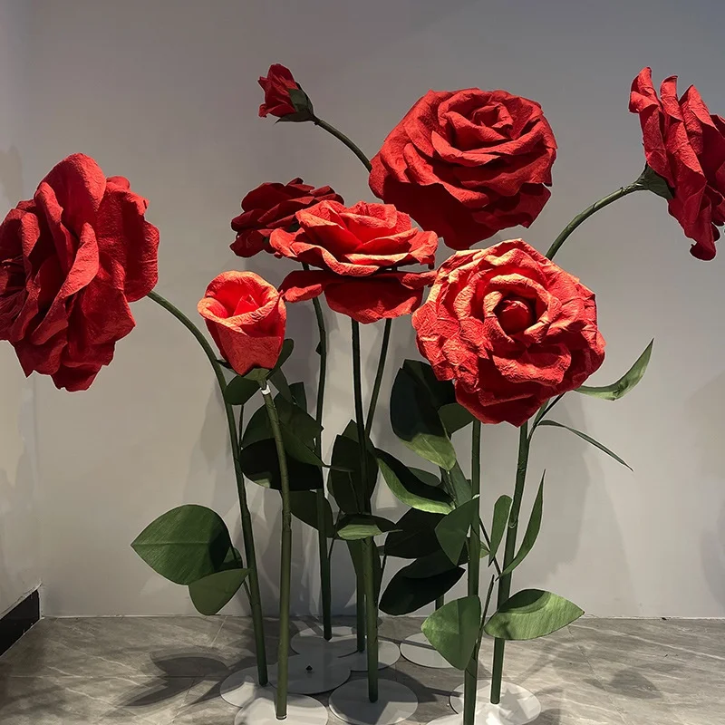 Handmade giant crepe paper rose flowers stand for Wedding party event stage road lead decorations
