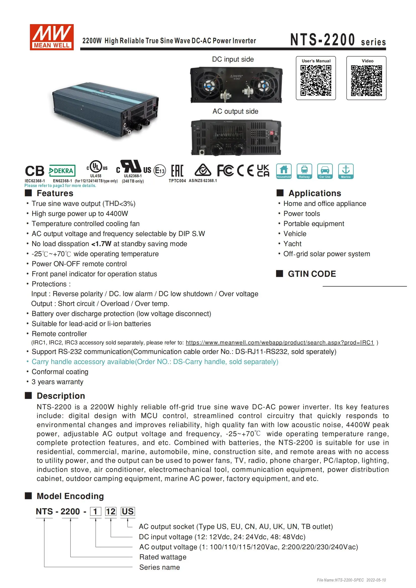 Бренд Mean Well представляет NTS-2200-124 24V 120A импульсный источник питания светодиодного табло для транспортного средства