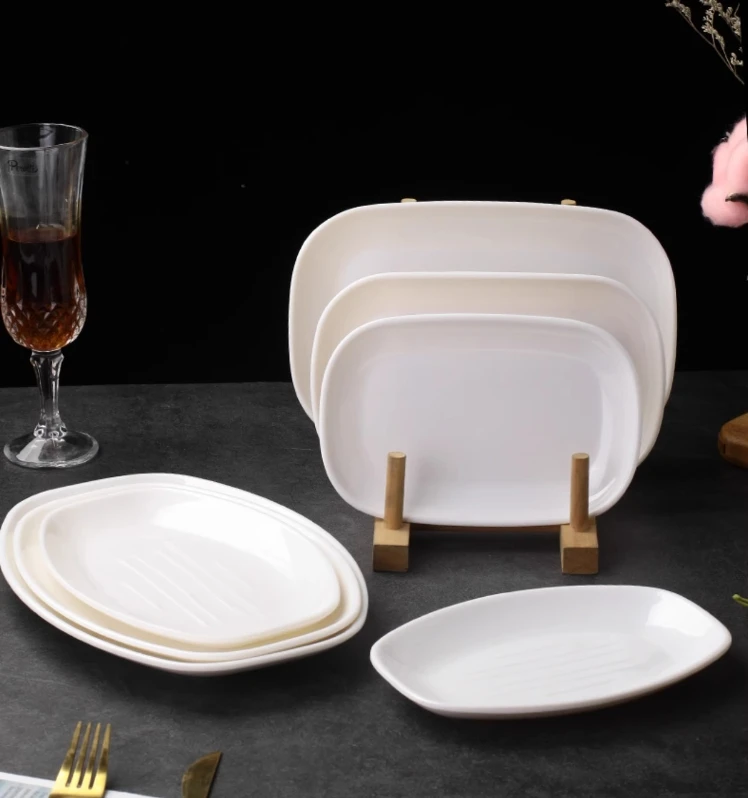 Factory melamine A5 plastic hot pot customized long dish plate tableware snack white rectangular plate