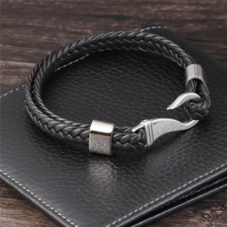 Innovative Products 2020 Stainless Steel Two Layers Genuine Leather Mens Fish Hook Bracelet