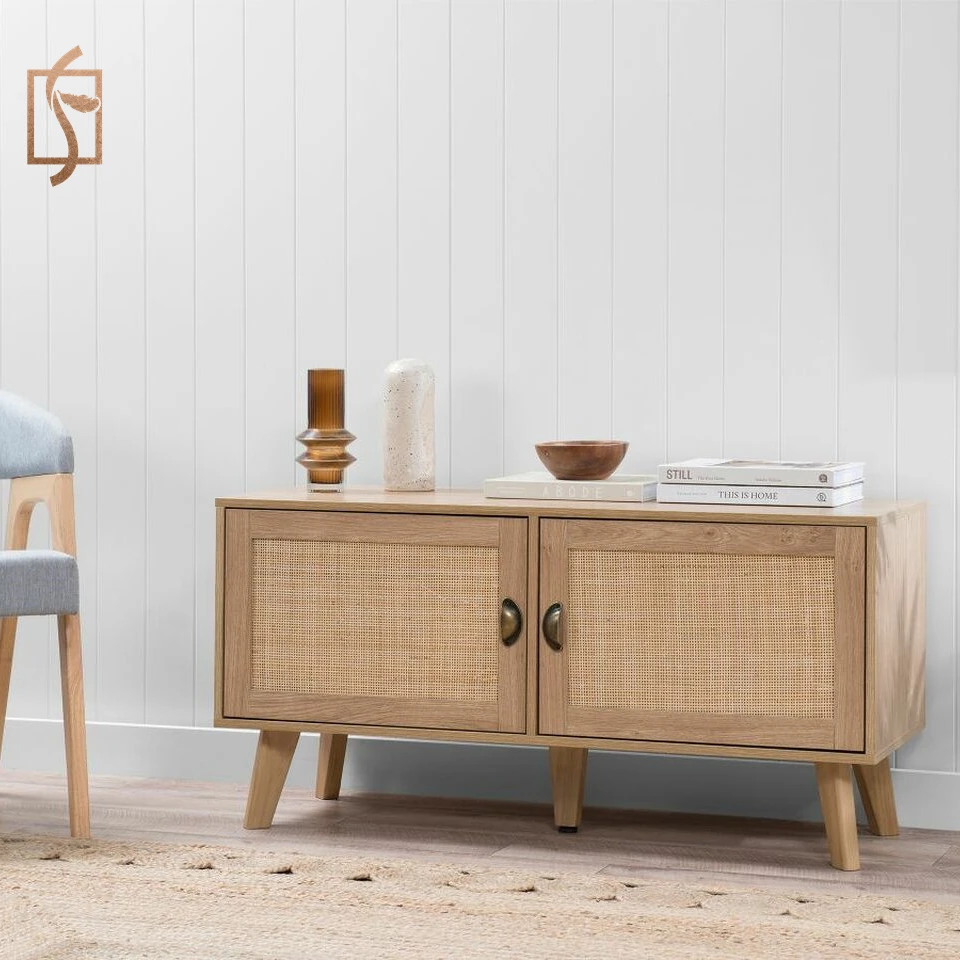 2 Doors Modern Living Room Furniture Panel Accent Storage Cabinet Rattan Console Table