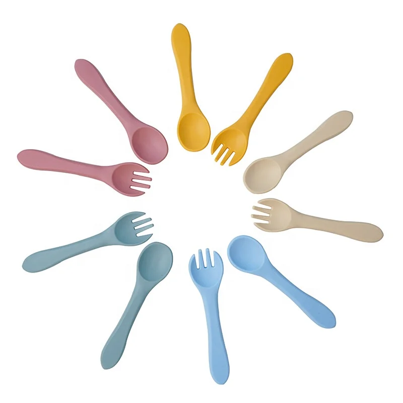 OEM Reusable Mini Children Long Handle BPA Free Kids Dining 100% Feeding Baby Silicone Fork And Spoon Set