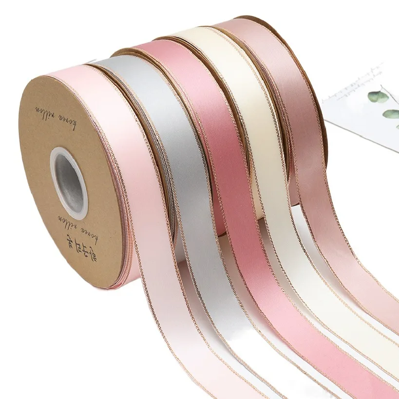luxury 2.5cm*25Y Solid Color Golden Edge Ribbon Double Face Satin grosgrain Ribbon for Children Gift Box Wrapping packaging