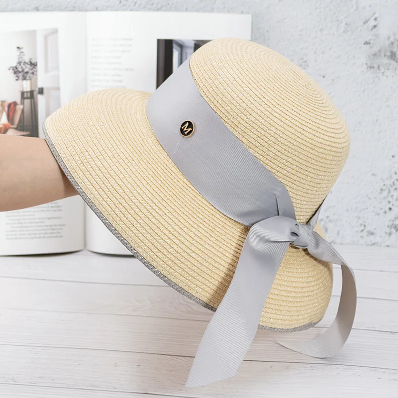 Hepburn lampshade straw hat female fairy sunscreen big brim hat bow tie retro hat French style