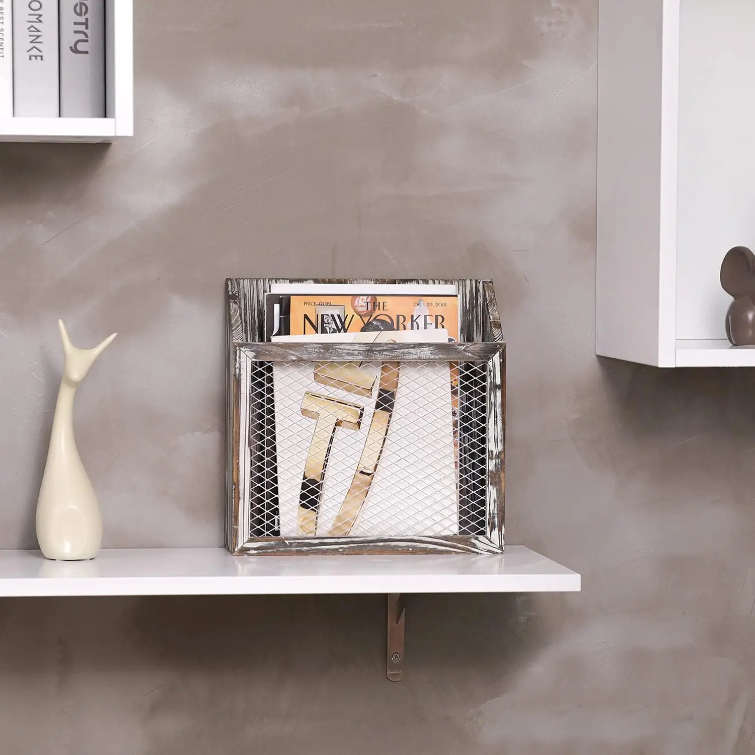 Rustic Magazine Holder Torched Wood and Chicken Wire Design Wall Mounted Farmhouse Home, Bathroom, Office Magazine Rack