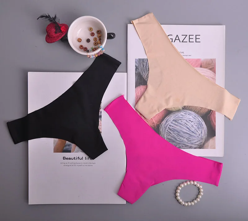 Wholesale fancy ice-silk seamless women thongs cotton sexy ladies panties solid color hot girl thongs