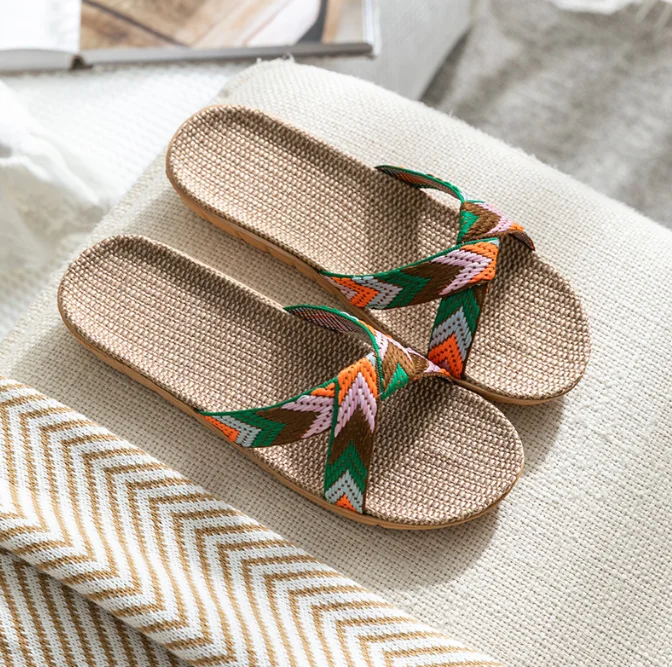 Cross Linen Slippers Female Couple Indoor Home Quiet Soft Bottom Sandals and Slippers Home Shoes