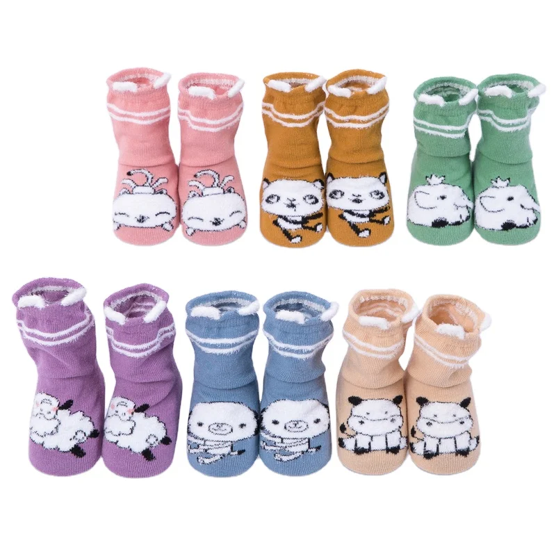 Custom factory supply cartoon eco panda socks feather yarn anti skid patchwork baby socks for autumn winter