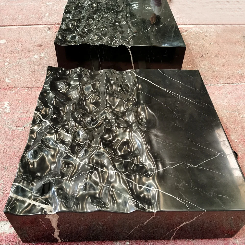 Hand carved solid block liquid black marble coffee table decor furniture solid marble square side table