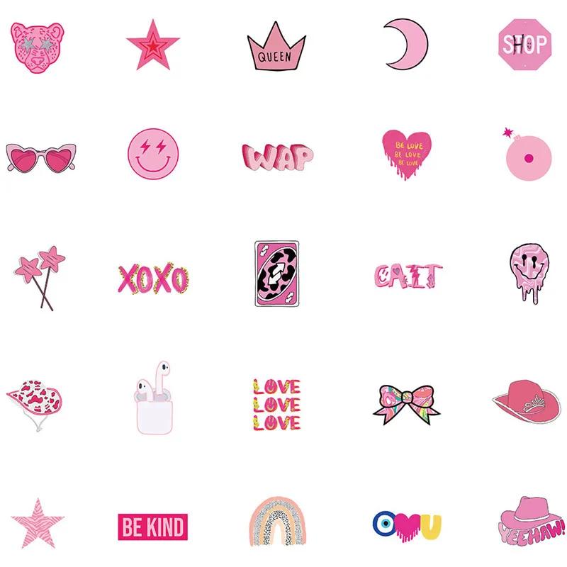 50pcs Pink Preppy Style Stickers Valentines Day Gifts Pink Girl Laptop Computer Bedroom Wardrobe Car Skateboard Motorcycle