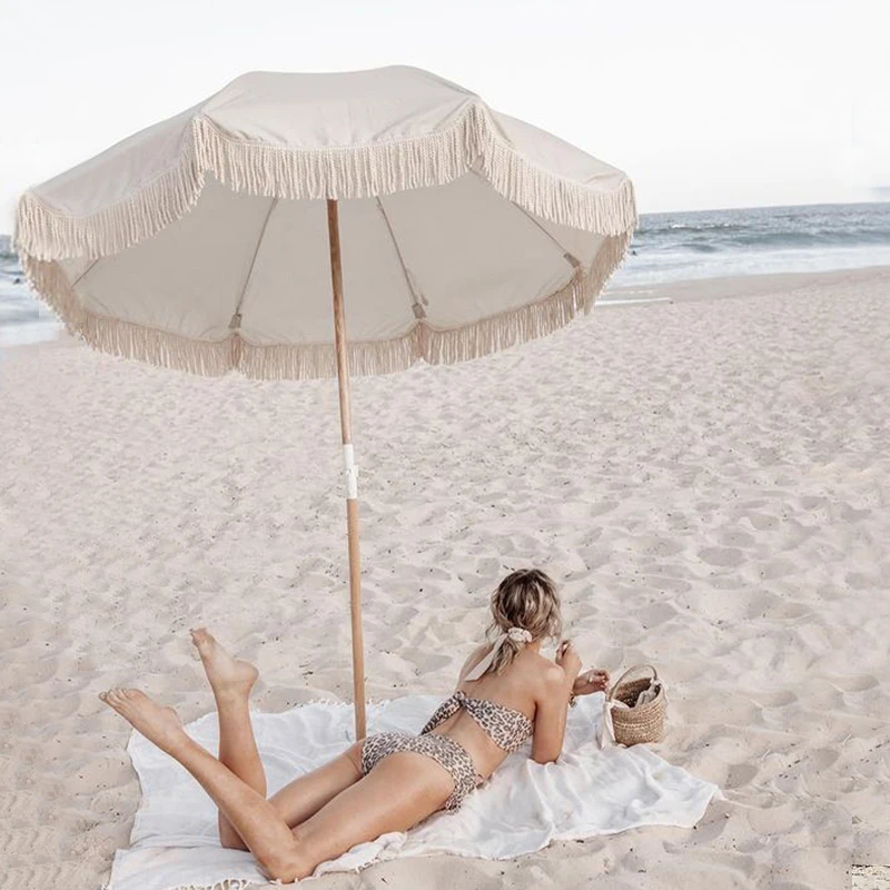 BR Wholesale Custom Vintage Boho Pagoda Sun Beach umbrella Outdoor with Tassels, Wooden Pole Big Patio Garden Parasols Furniture