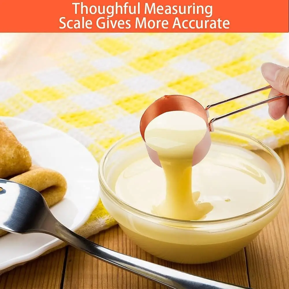 8 Pcs Stainless Steel Rose Gold Copper Measuring Cups and Spoons Set with Engraved Marking Ruler for Measuring Dry Liquid