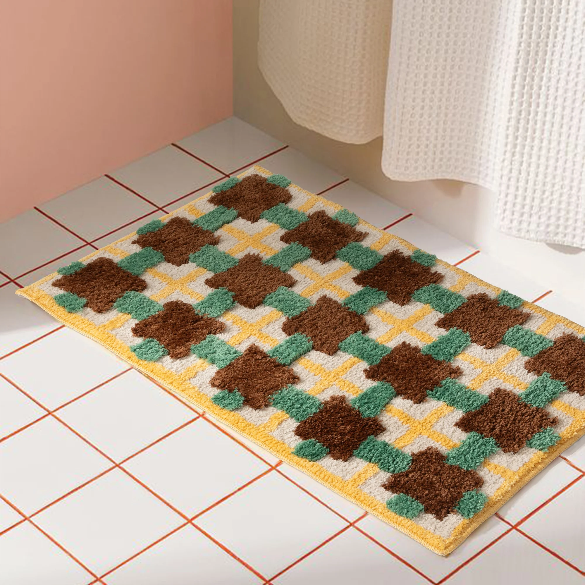 Vintage Checkered Bathroom Mat Microfiber Tufted Absorbent Bath Mat With TPR Non-slip Mat for Bath
