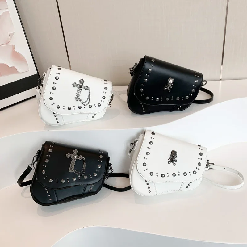 Fashionable Skull Rivet Gothic Bags For Women Pu Leather Simple Street Punk Style Crossbody Shoulder Flap Bags