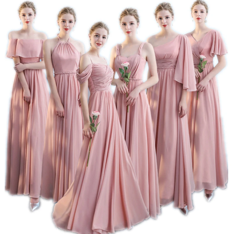 Chinese Supplier Six Types Chiffon Off Shoulder Bridesmaid Dress Blue Pink