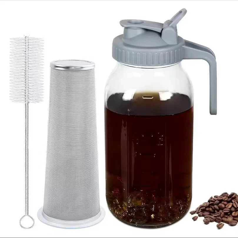 64oz Glass Mason Jars Drinking Pitcher with Pour Spout Lid Large Iced Coffee Glass Bottles With Stainless Steel Filter