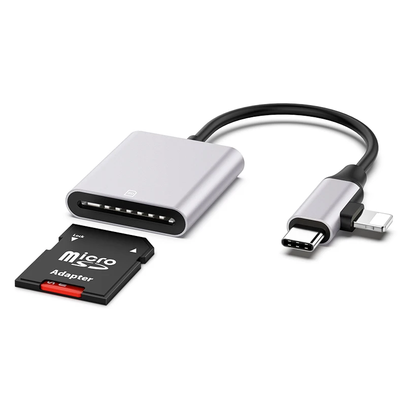 Metal SD Card Reader Built-in Dual Lighting & USB-C Connector Card Adapter with USB C Slots Camera Memory Card Viewer