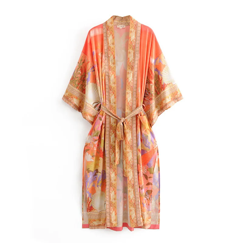 2023 Bohemian Beach Style Vintage  print flare sleeve  ladies fashion bohemian rayon cardigan short kimono