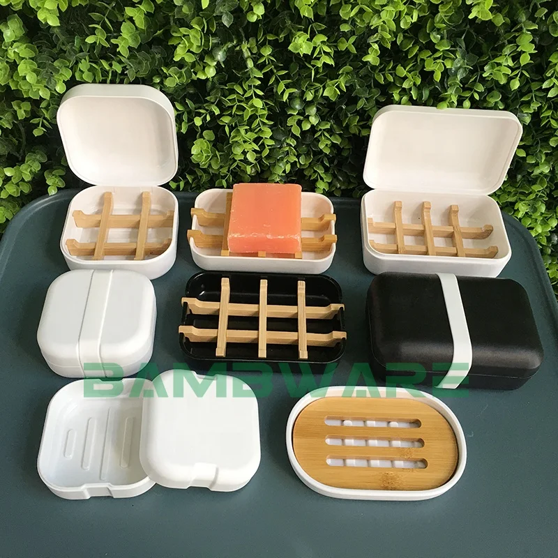 Natural Wood Bamboo Travel Box With Lid Kitchen Soap Dish With Draining Tray Wood Bathroom Soap Box Case Container Tray Rack
