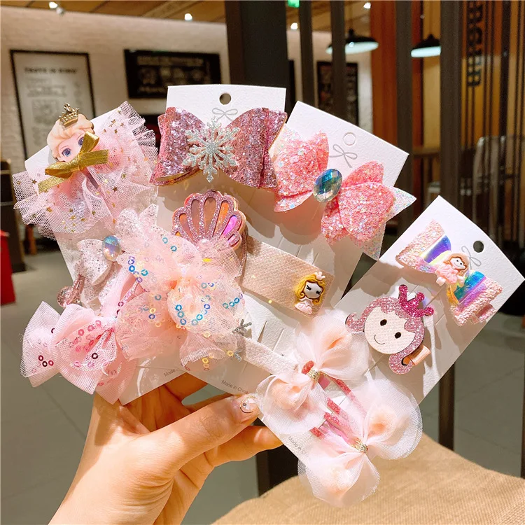 New Style Korean Fashion Snow Princess Cute Beautiful Child Shiny Rhinestone Crown Bow Hairpin Set For Girls Kids Hair Ties