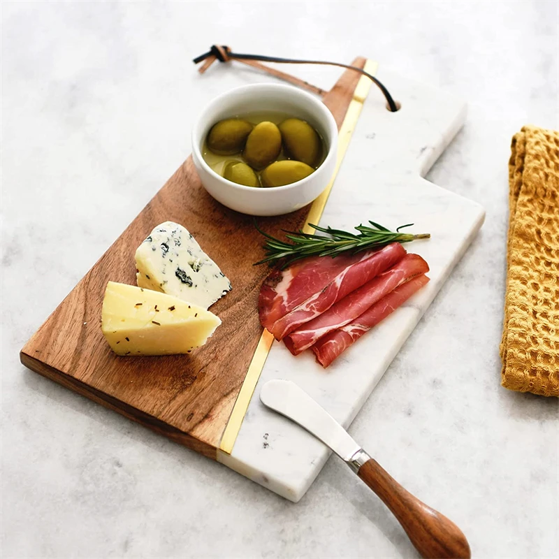 White Natural Acacia Wood Rectangular and Marble Cutting Board with Brass Inlay and Leather Tie
