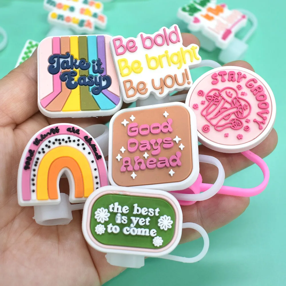 Wholesale Bulk PVC Bar Accessories 10mm Slogan Straw Topper Charms Straw Tips Cover Drinking Accessories for Tumblers Usage