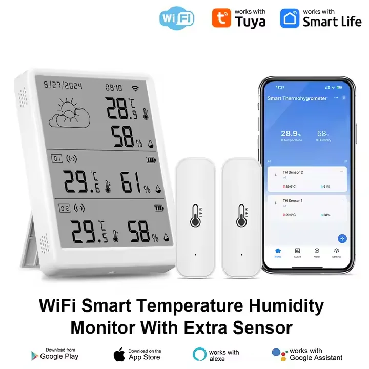 Wale New Product 4.3 inch Tuya WiFi Smart Temperature and Humidity Monitor With Two Extra 433 Mhz Sensor Notification Alert