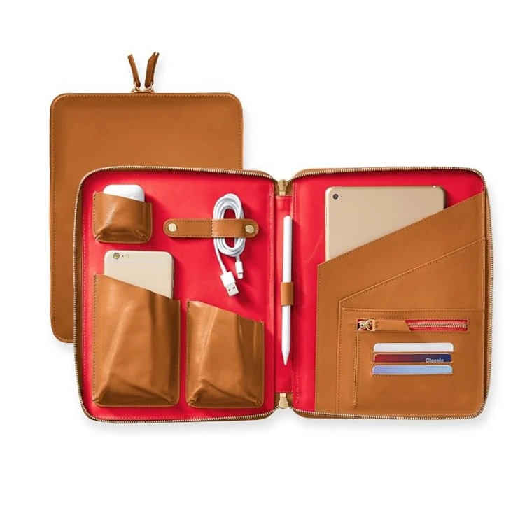 Luxury Vintage Zipper Electronic Storage Bag Men Organizer Bag Pu Real Leather Portfolio,Fire Proof Leather Document Storage Bag