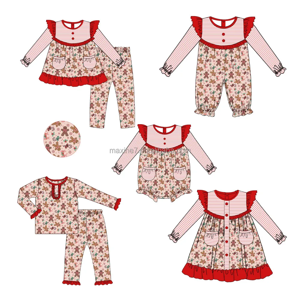 Winter Kids Clothing Sets Christmas Gingerbread Print Toddle Girls Ruffle Top and Pants Outfits Wholesale