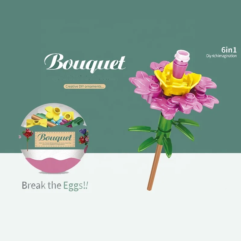 New Product Tiktok Funny Abs 6 In 1 DIY Rich Imagination Flower Building Block Sets Toys For Kids Surprise Egg Gashapon Capsule