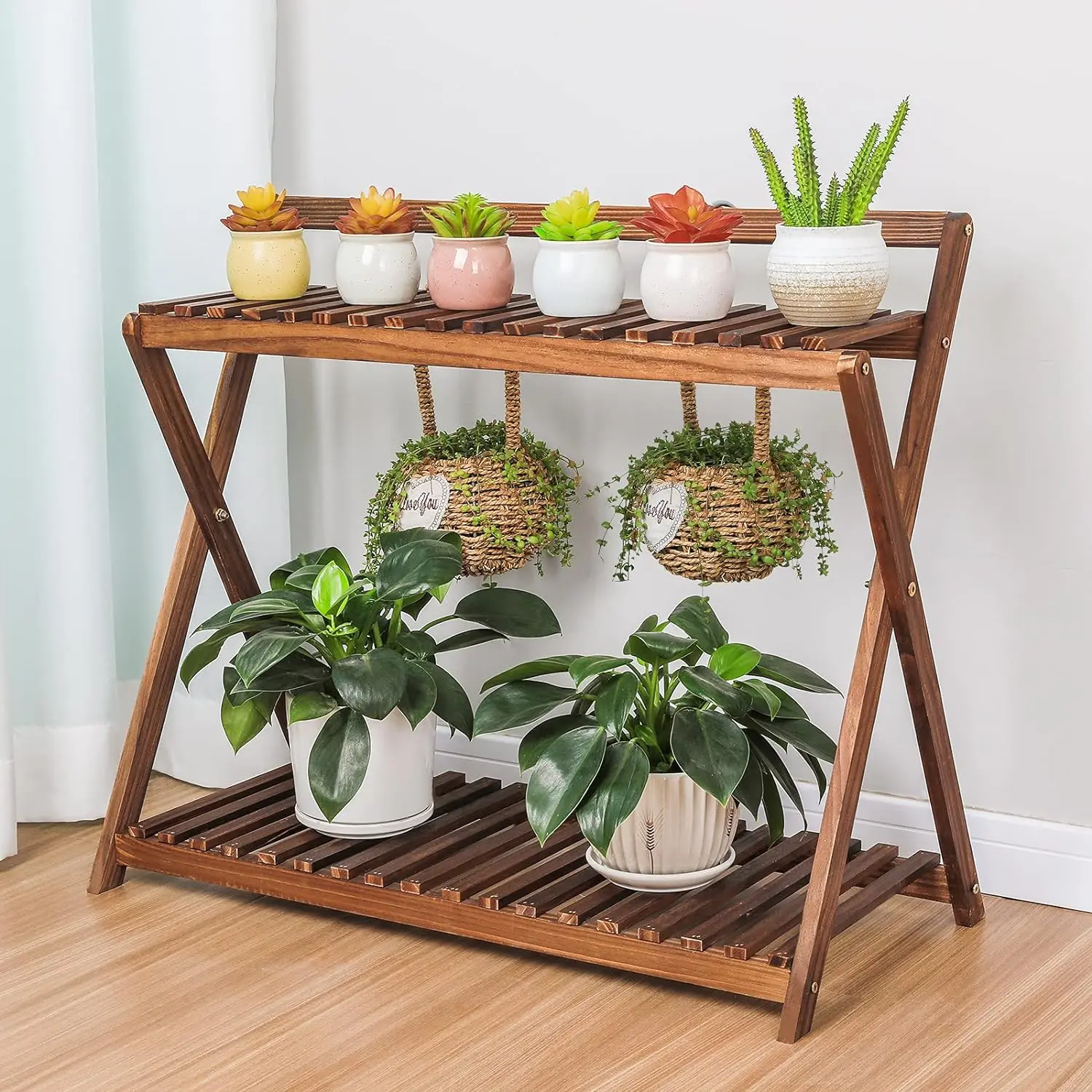 Indoor Plant Stand for Multiple Plants 2 Tier Wood Corner Plant Shelf Rack with Planter Hanger Outdoor Flower Pot Stand Holder