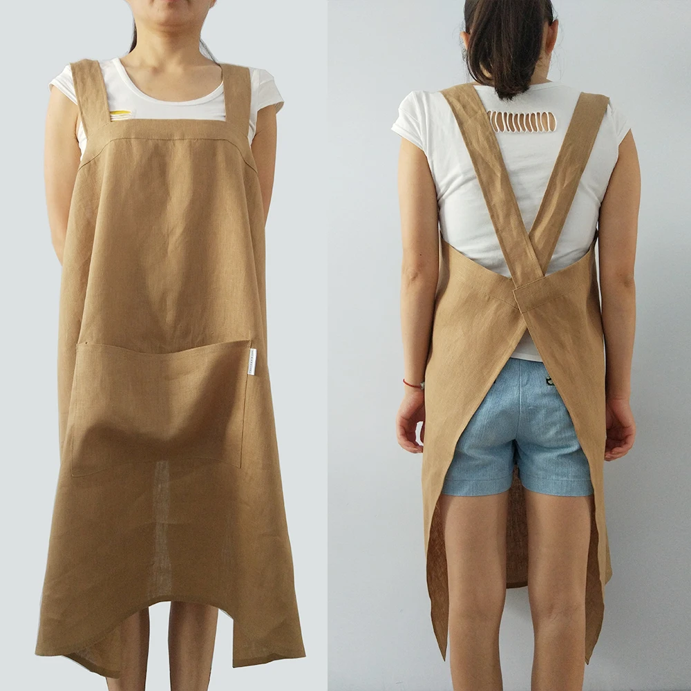 Beauty Women cross back linen apron kitchen cooking long apron with pocket linen crossback apron