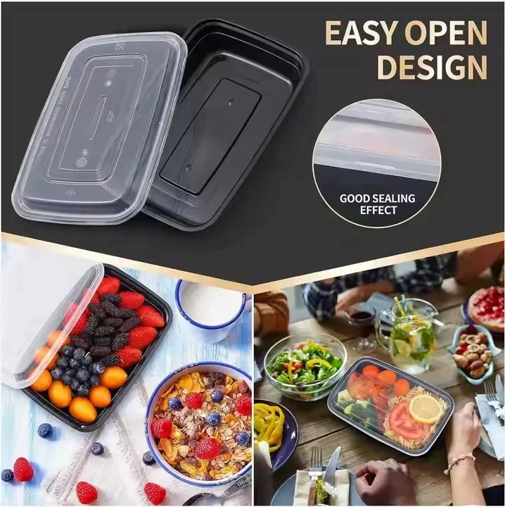 Bento Lunch Box Takeout Food Packing Container Base Plastic to Go Disposable Meal Prep Restaurant Black Injection Multifunction