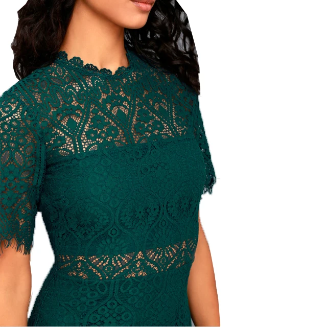 ladies forest green lace mini dress with lining creates a cool two piece with short sleeve eyelash lace fashion dress