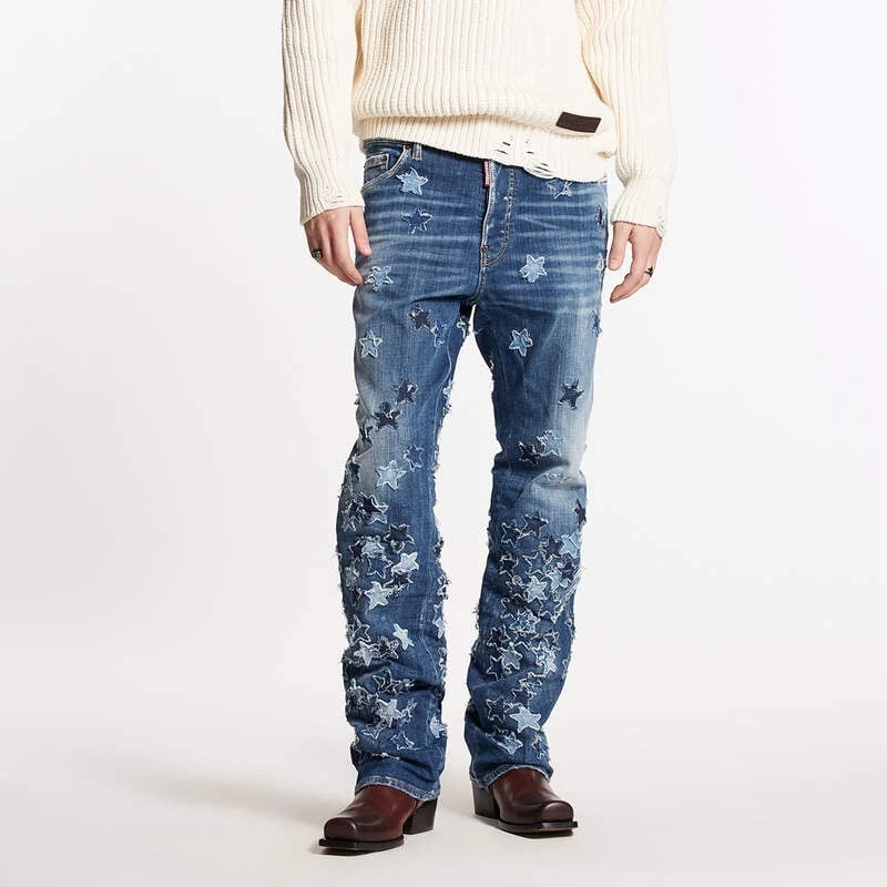 Medium Stars Wash Roadie Jeans Embroidered Patches Stretch Cotton Boot Cut Denim Jeans Men