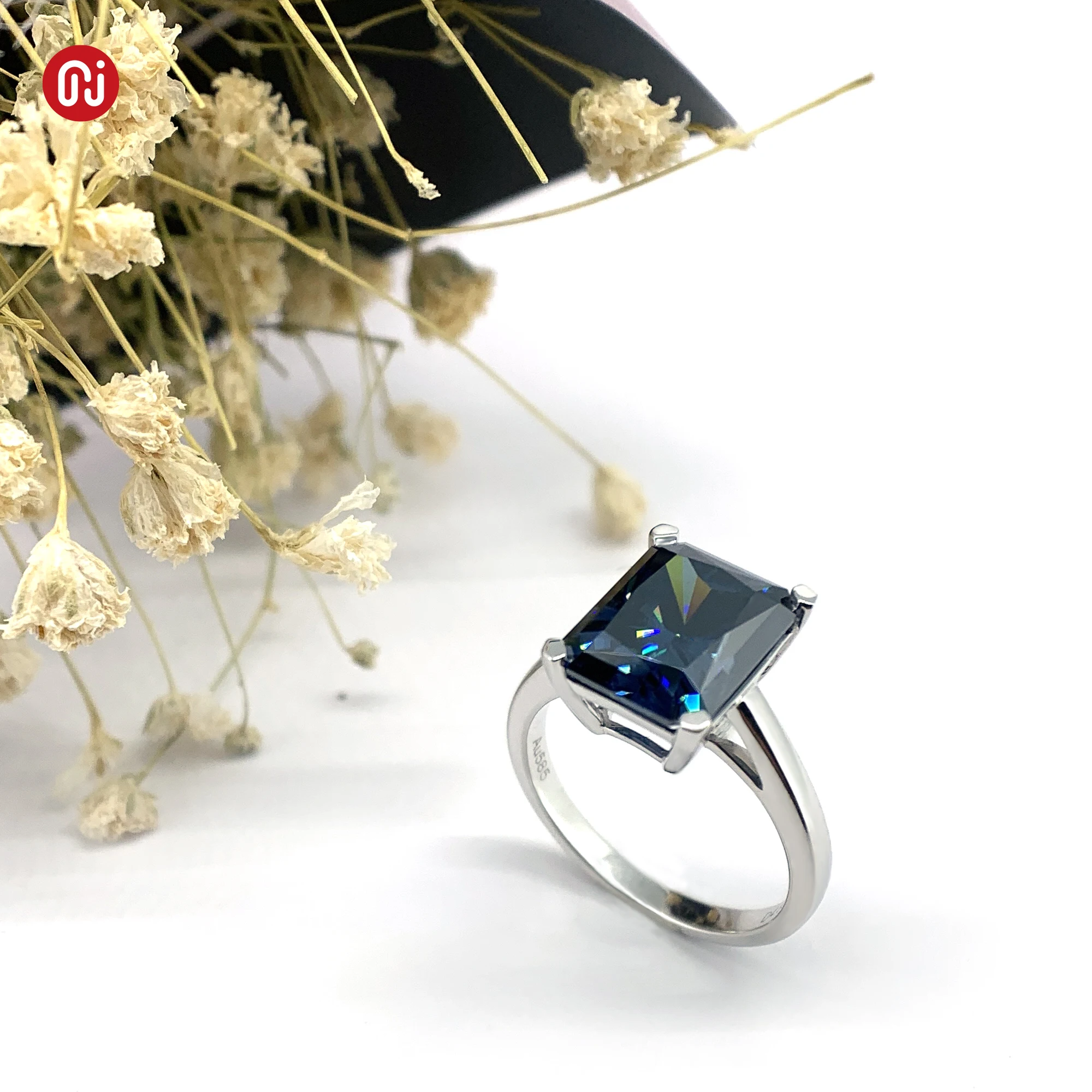 GIGAJEWE total 4.0ct  8x10mm Dark blue color  Emerald Cut Ring  9K/14K/18K White Gold , Moissanite Ring for women Gift