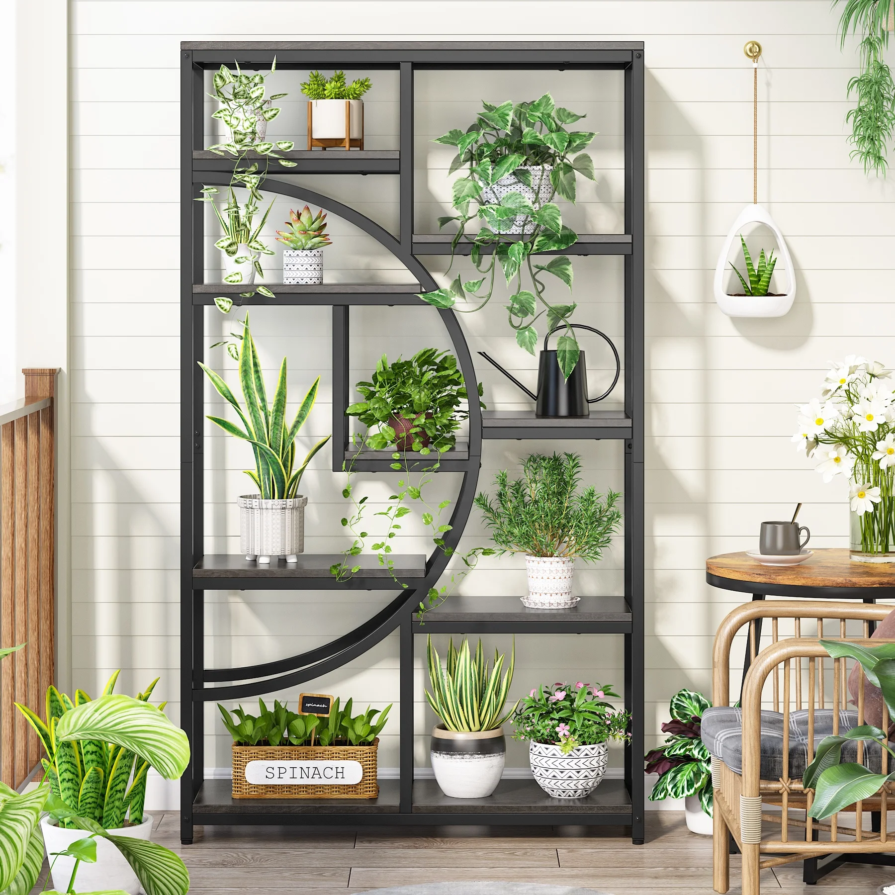 Large Etagere Triple Wide Bookshelf Open Display Shelves Geometric Tall Bookcase with Sturdy Metal Frame for decor Bedroom Home