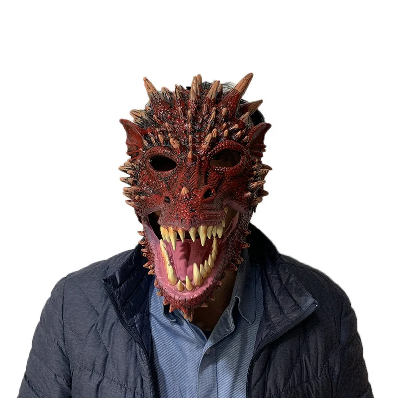 Red Dragon Dinosaur Lizard Monster Halloween Fancy Dress Costume Outfit with Movable Mouth and Latex Mask